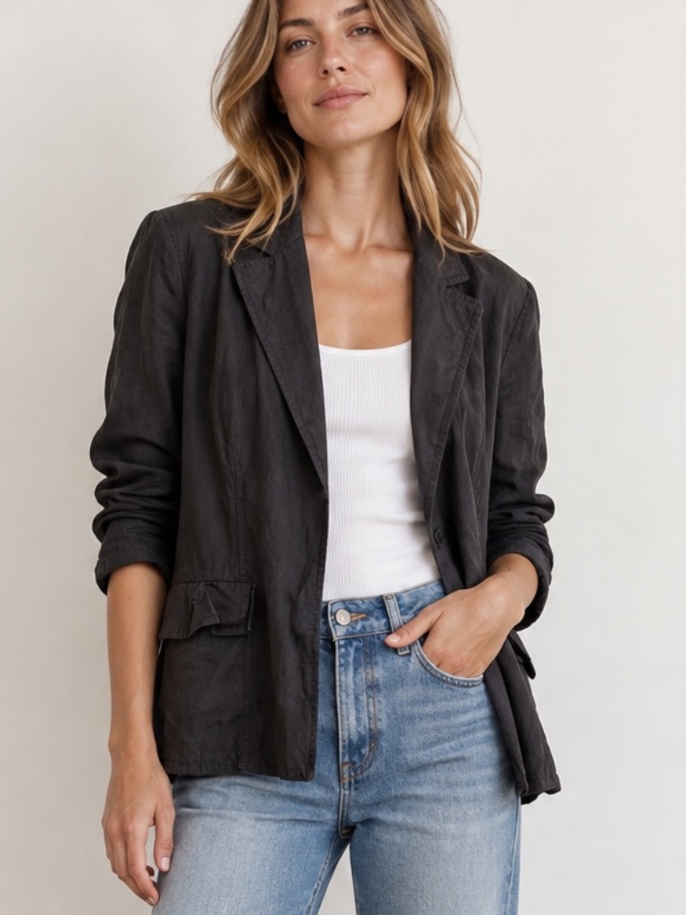 DKNY Black Silk Linen Blend Lightweight Blazer Size 14 XL
